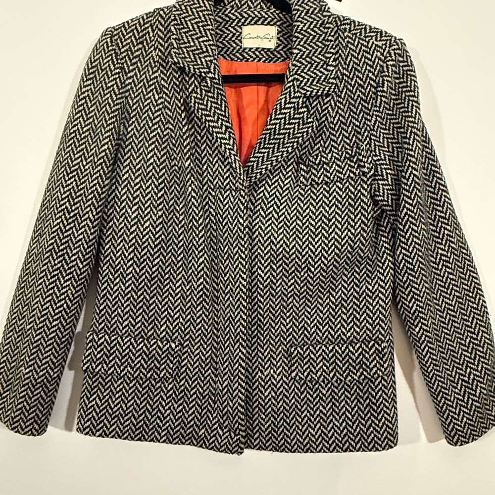 Vintage Country Set Wool Herringbone Blazer & Skirt Set